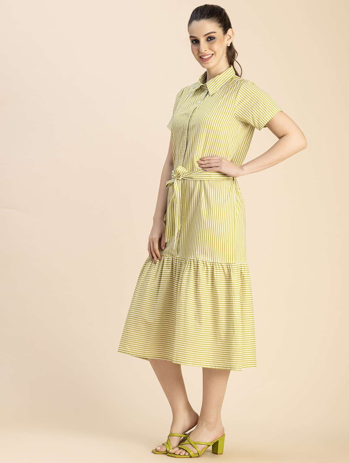women yellow stripes a-line dress - 20825794 -  Standard Image - 2