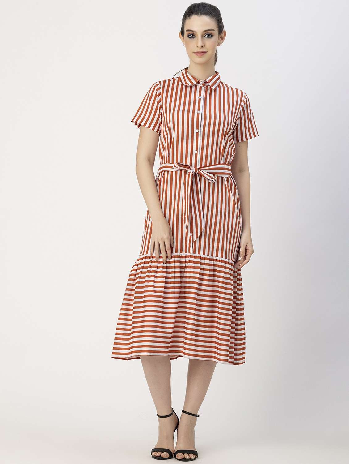 rust & white striped button detailed midi dress