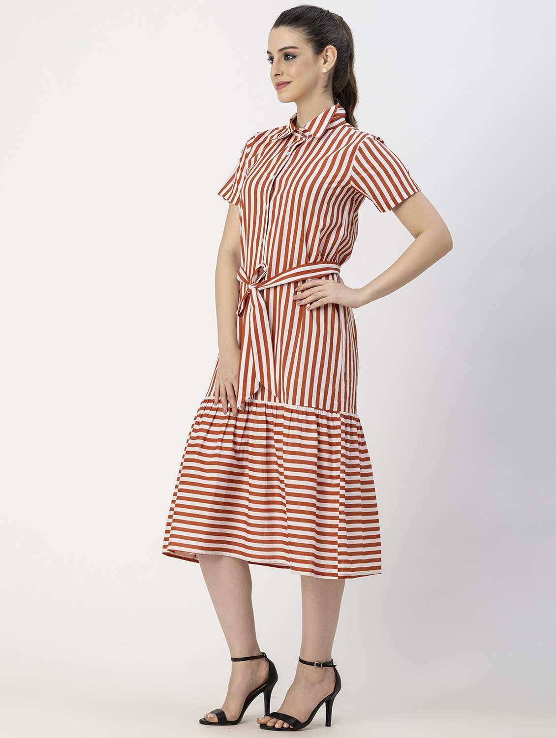 rust & white striped button detailed midi dress - 20825795 -  Standard Image - 2