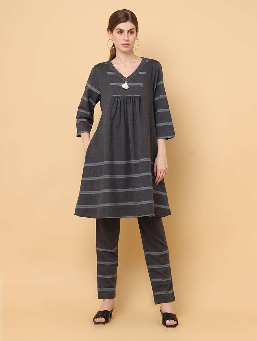 women grey stripes v neck co-ord sets