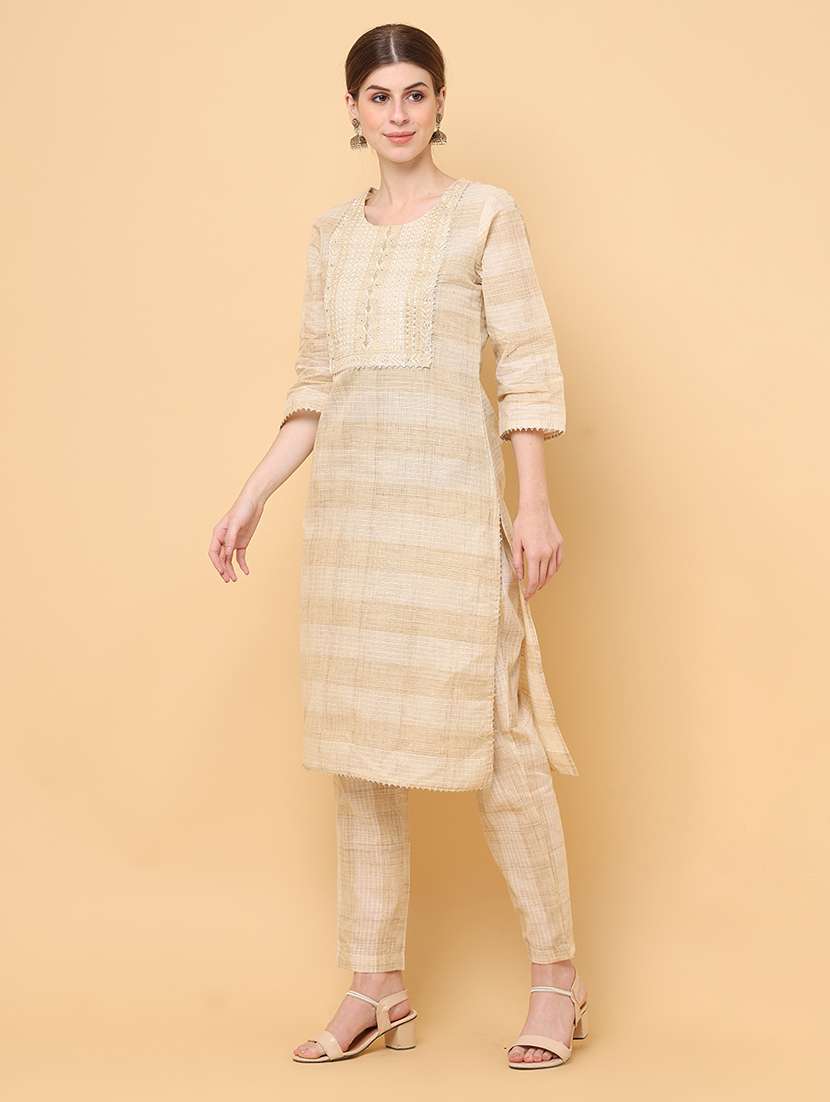 women beige round neck kurta pant set - 20826564 -  Standard Image - 2