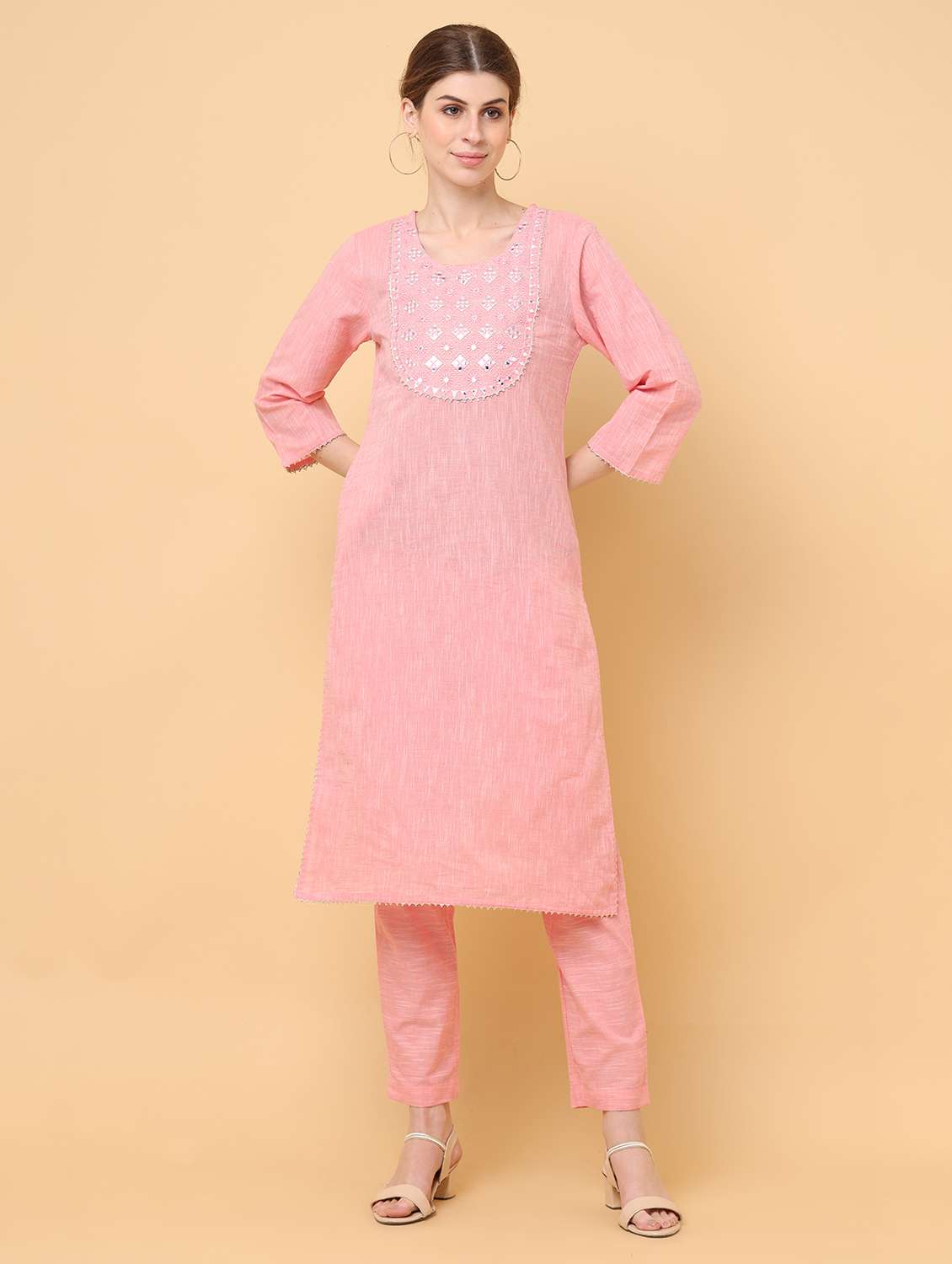 women pink round neck kurta pant set 