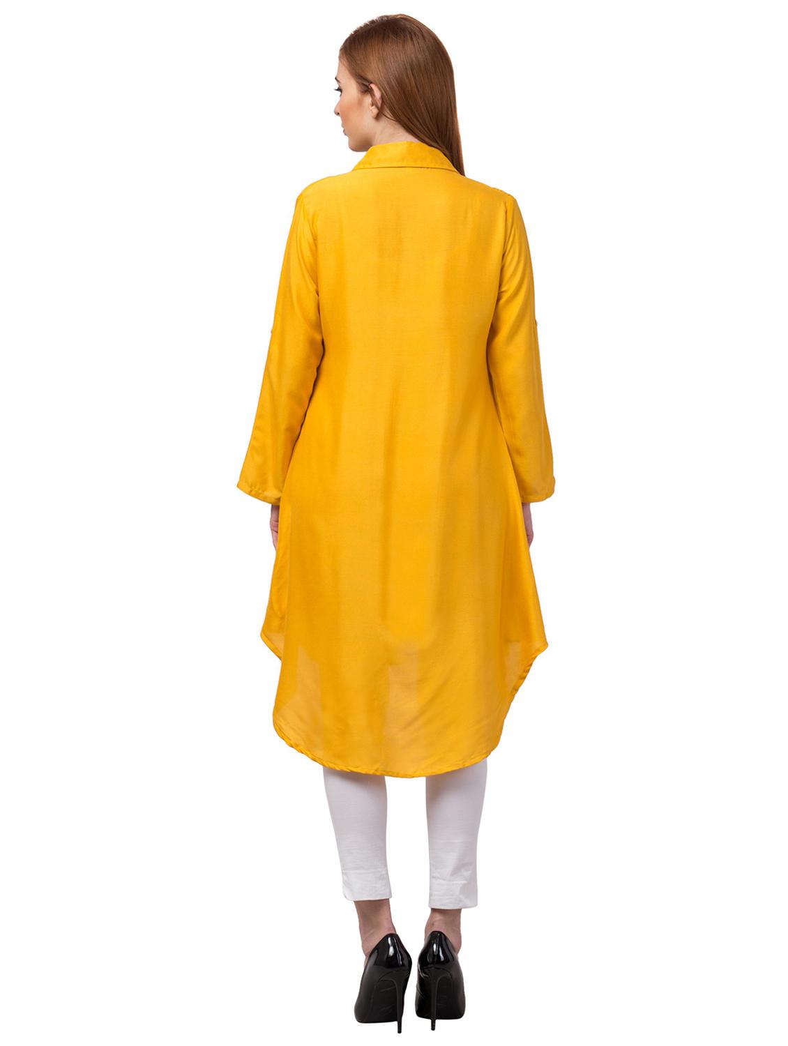 women yellow solid shirt collar high-low kurti - 20826915 - Standard Image - 2