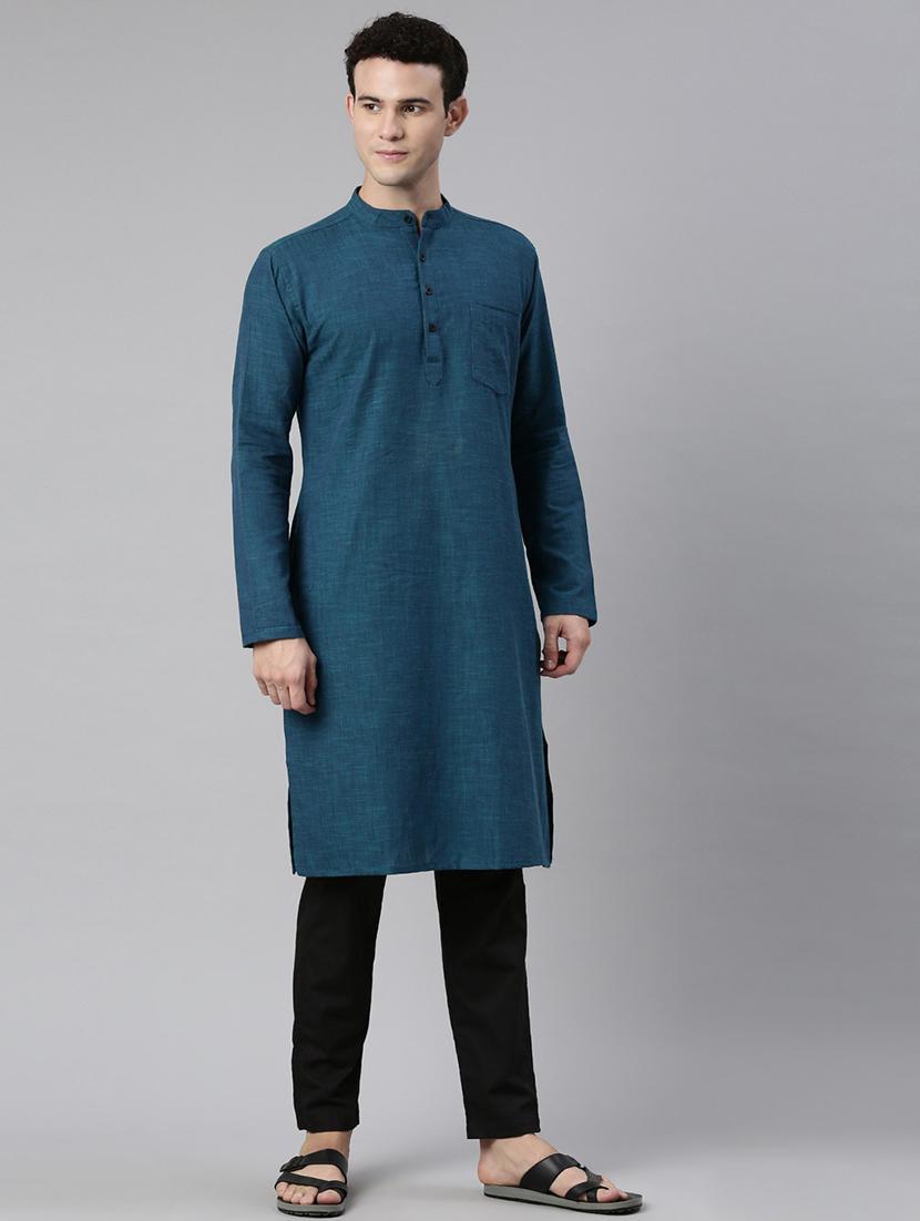 teal mandarin neck long kurta - 20827413 - Standard Image - 2