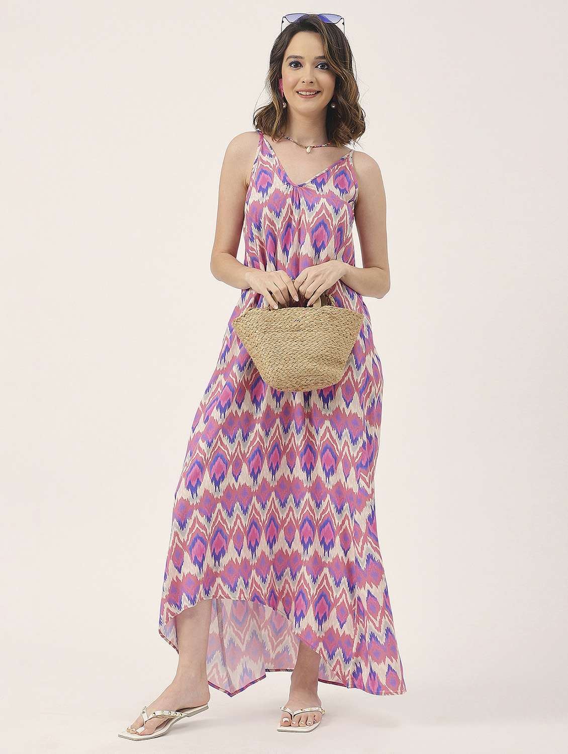 women multicolored ikat printed high low dress
