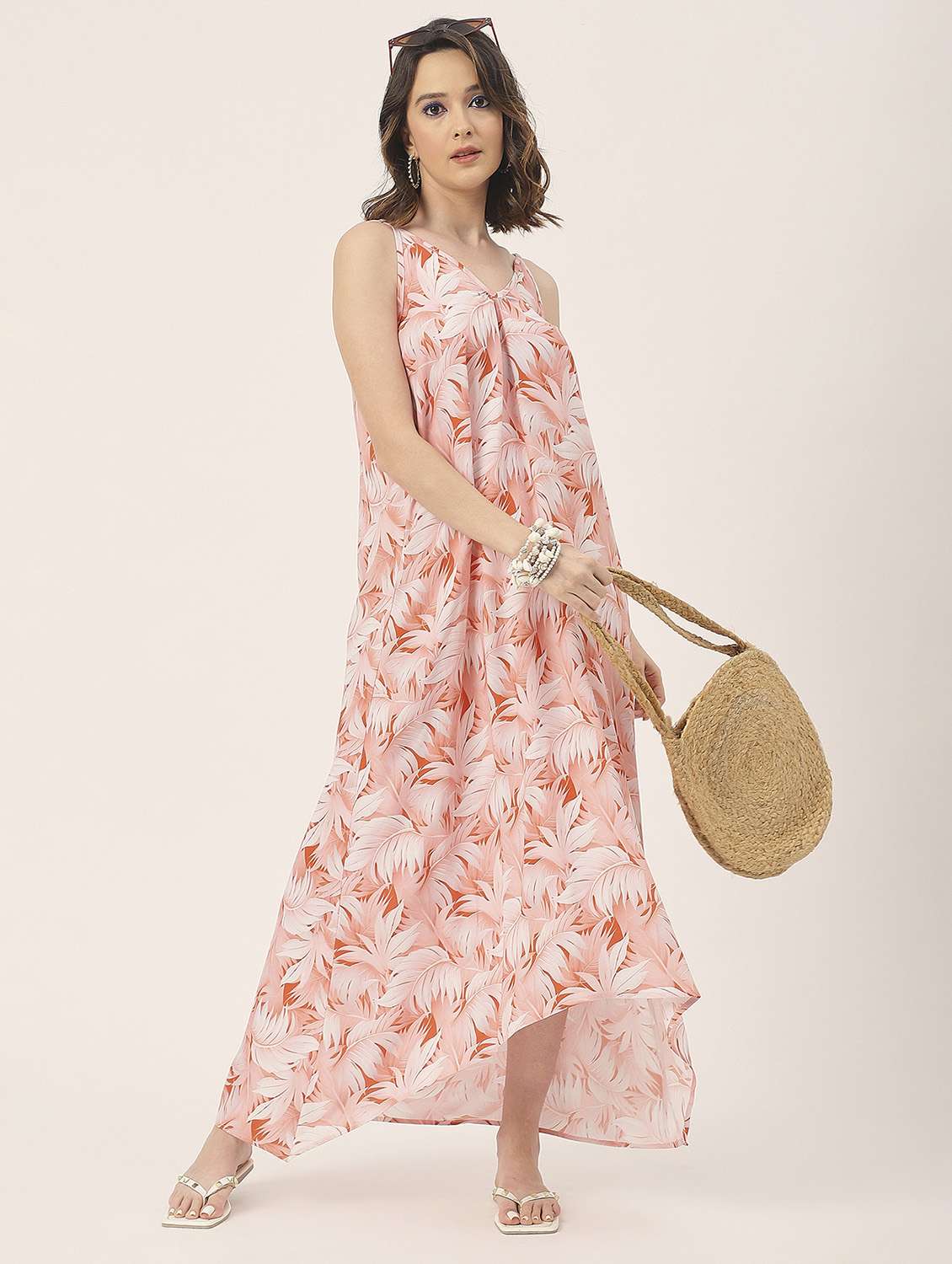 women orange tropical printed high low dress