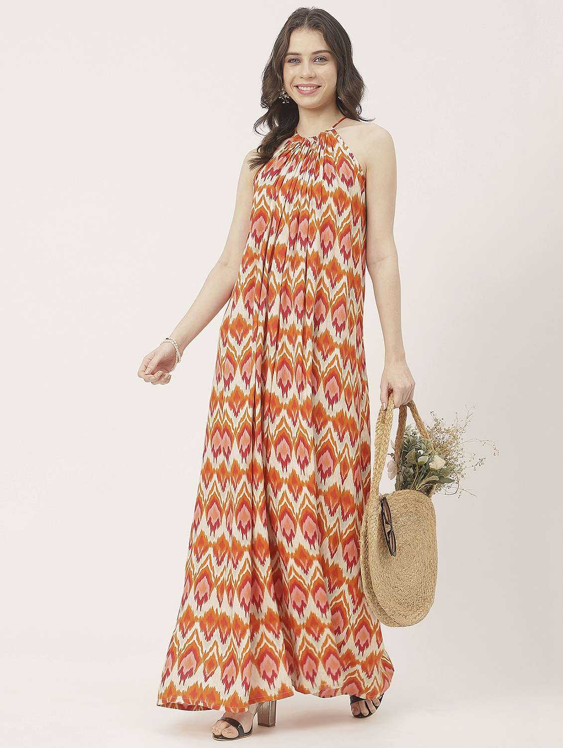 women orange ikat printed a-line dress