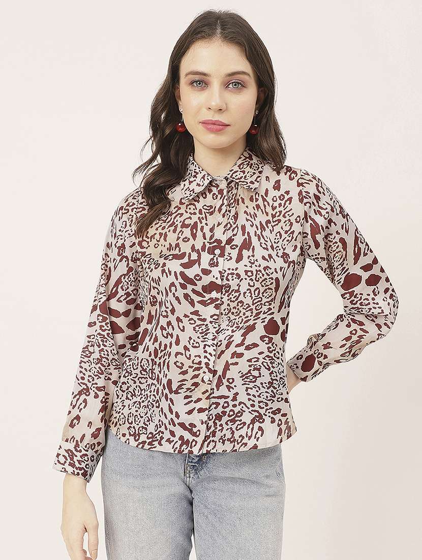 brown satin animal print shirt