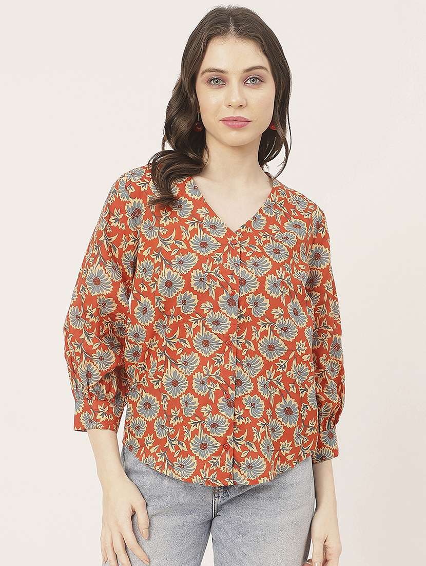 orange cotton floral shirt