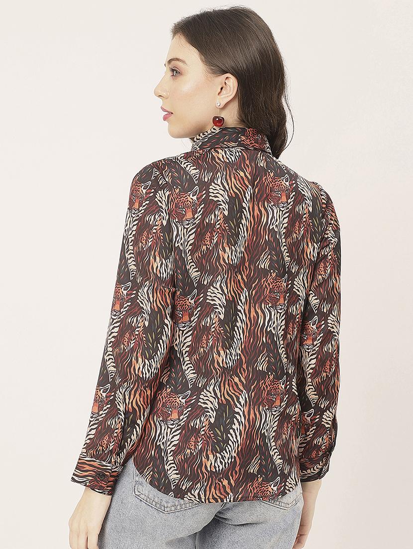 brown satin animal print shirt - 20827694 - Standard Image - 2