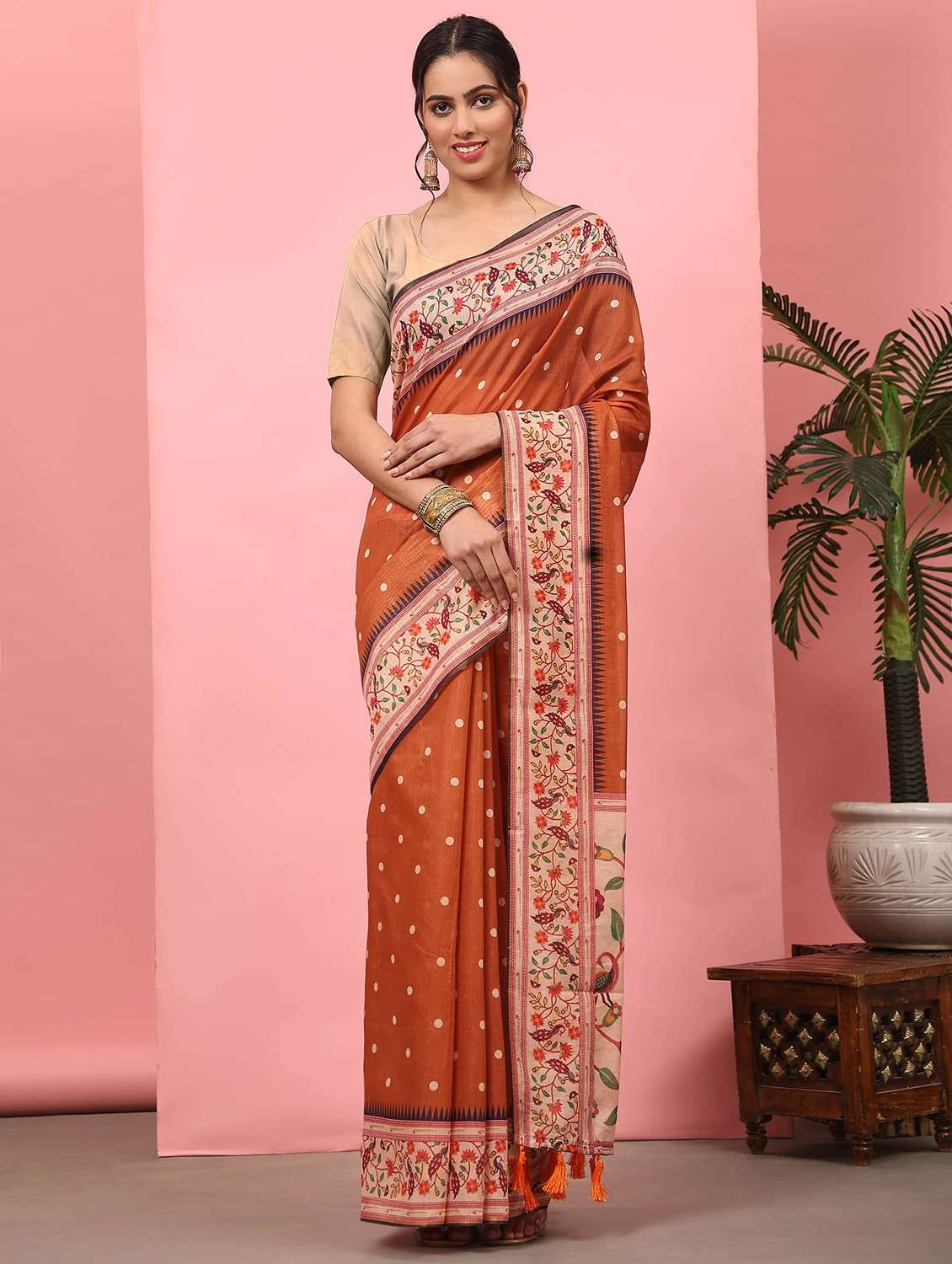 women orange self design paithani saree with blouse