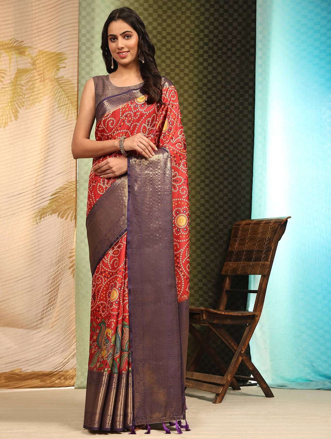 women red bandhani printed saree with blouse