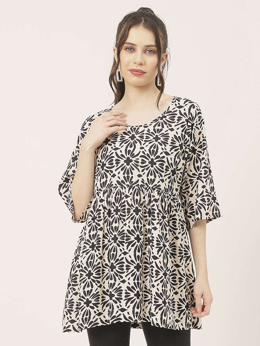 women beige block printed flared top