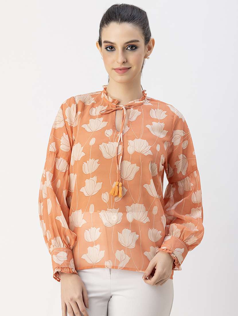 women orange floral printed regular top