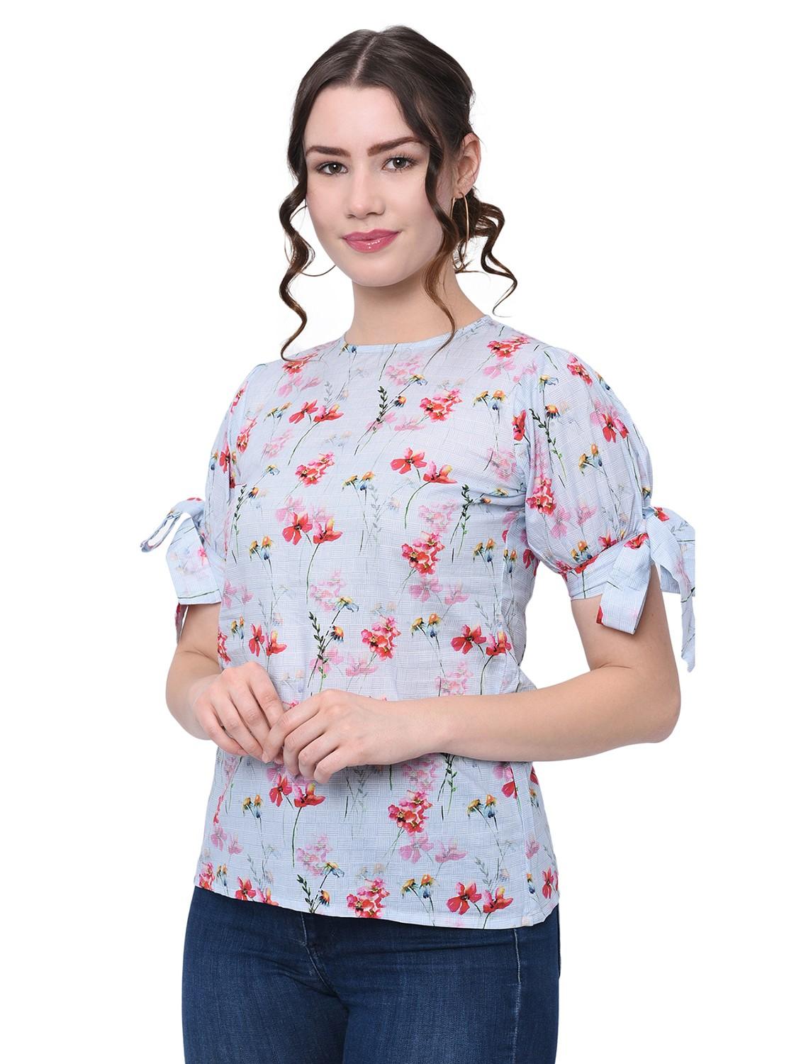 light blue floral print crepe regular top - 20829342 - Standard Image - 2