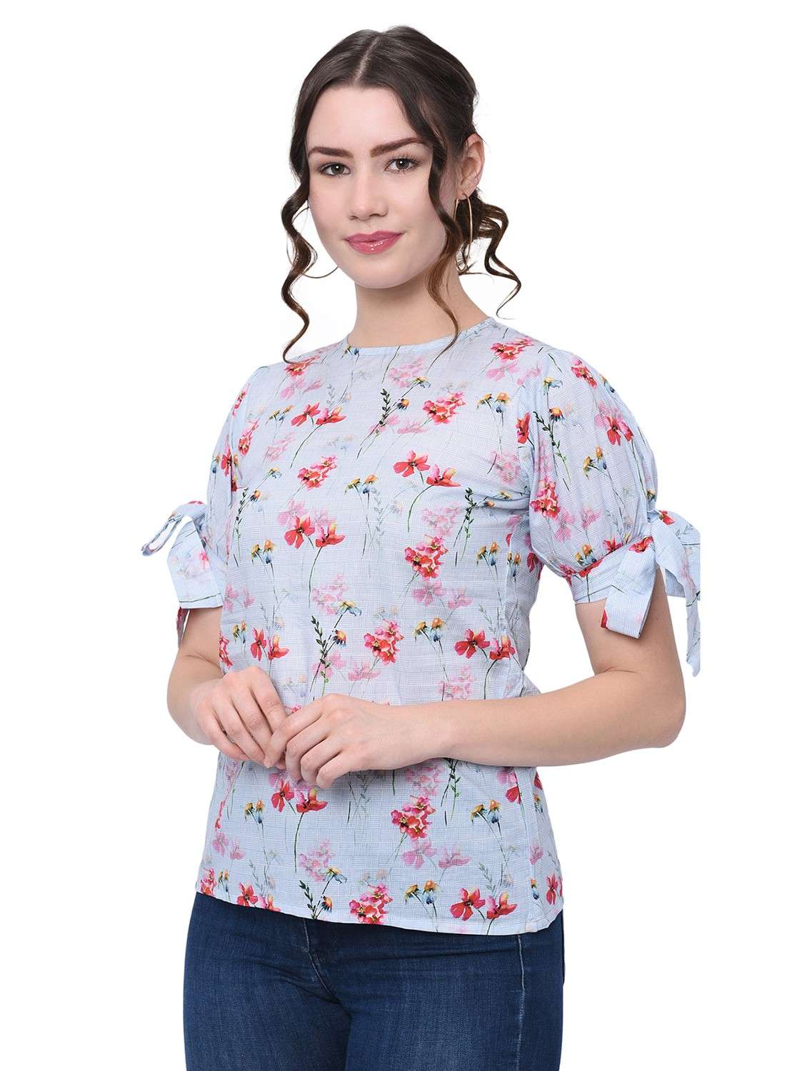 women light blue floral printed regular top - 20829485 - Standard Image - 2