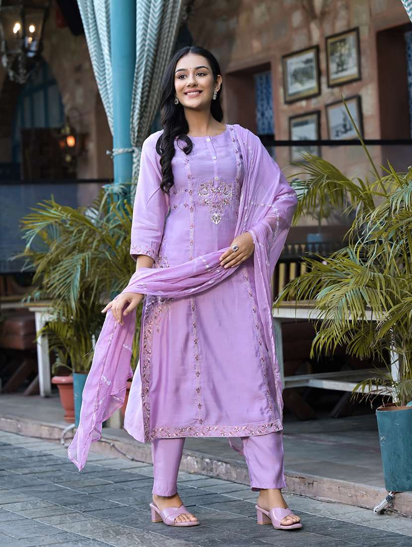 women lavender round neck kurta pant set with dupatta - 20829993 -  Standard Image - 2