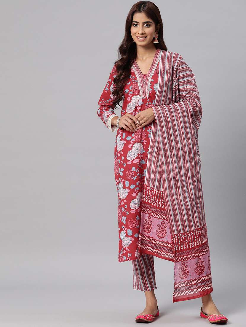 women three quarter sleeve kurta pant with dupatta set