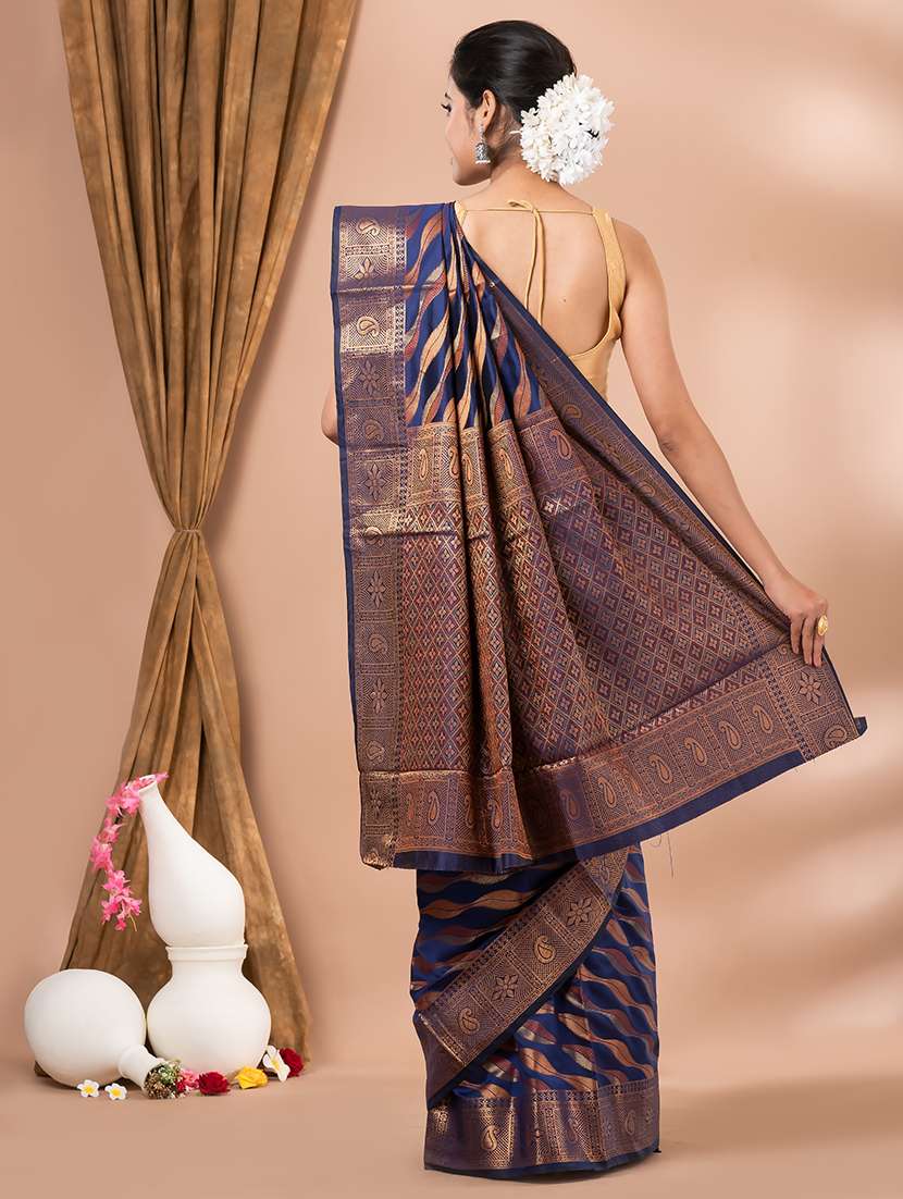 women navy blue self design kanjivaram saree with blouse - 20830532 - Standard Image - 2