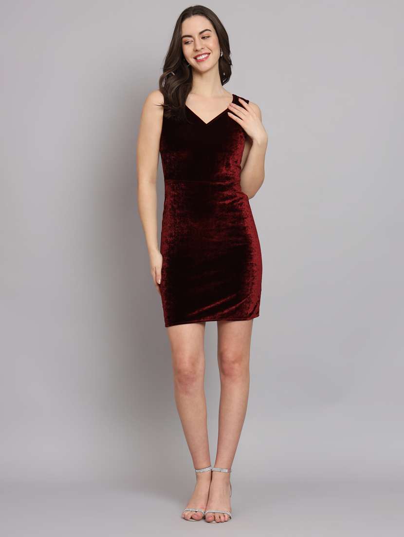 solid maroon velvet bodycon dress