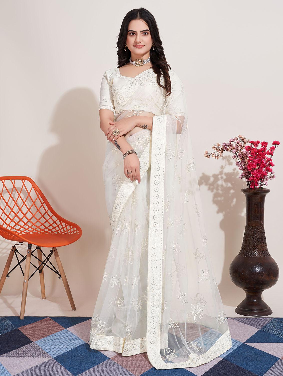 women white embroidered saree with blouse