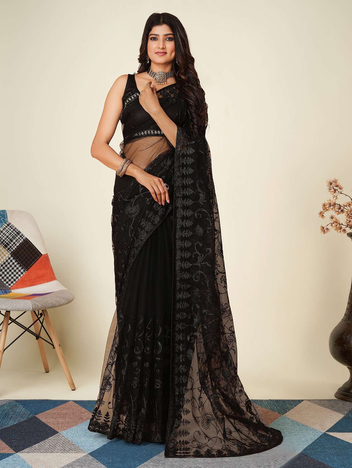 women black embroidered saree with blouse