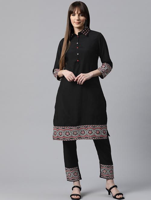 women black embroidered three quarter sleeve kurta pant set - 20831182 -  Standard Image - 0