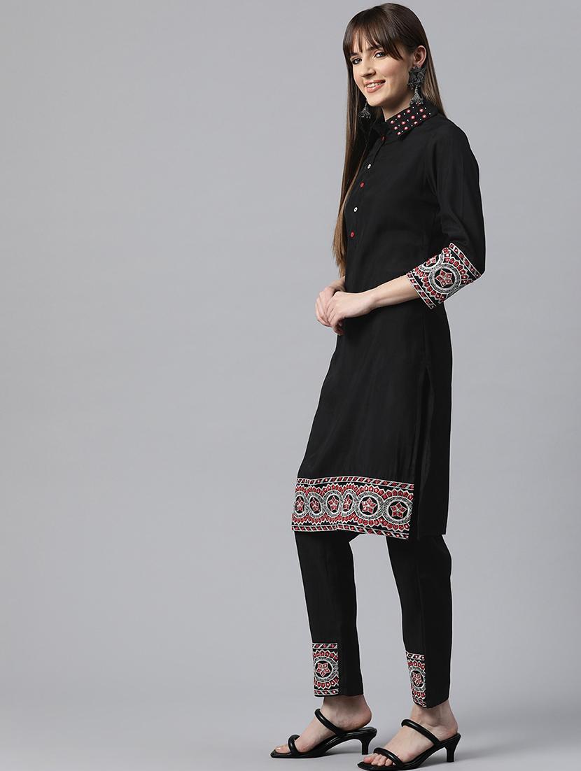 women black embroidered three quarter sleeve kurta pant set - 20831182 - Standard Image - 2