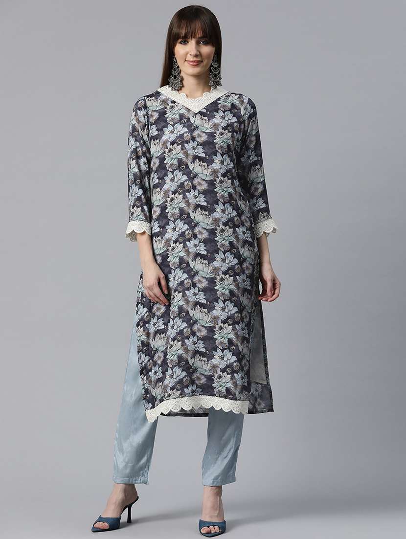women floral v neck kurta pant set