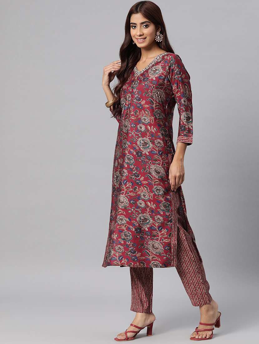 women maroon floral printed kurta pant set with dupatta - 20831206 -  Standard Image - 2