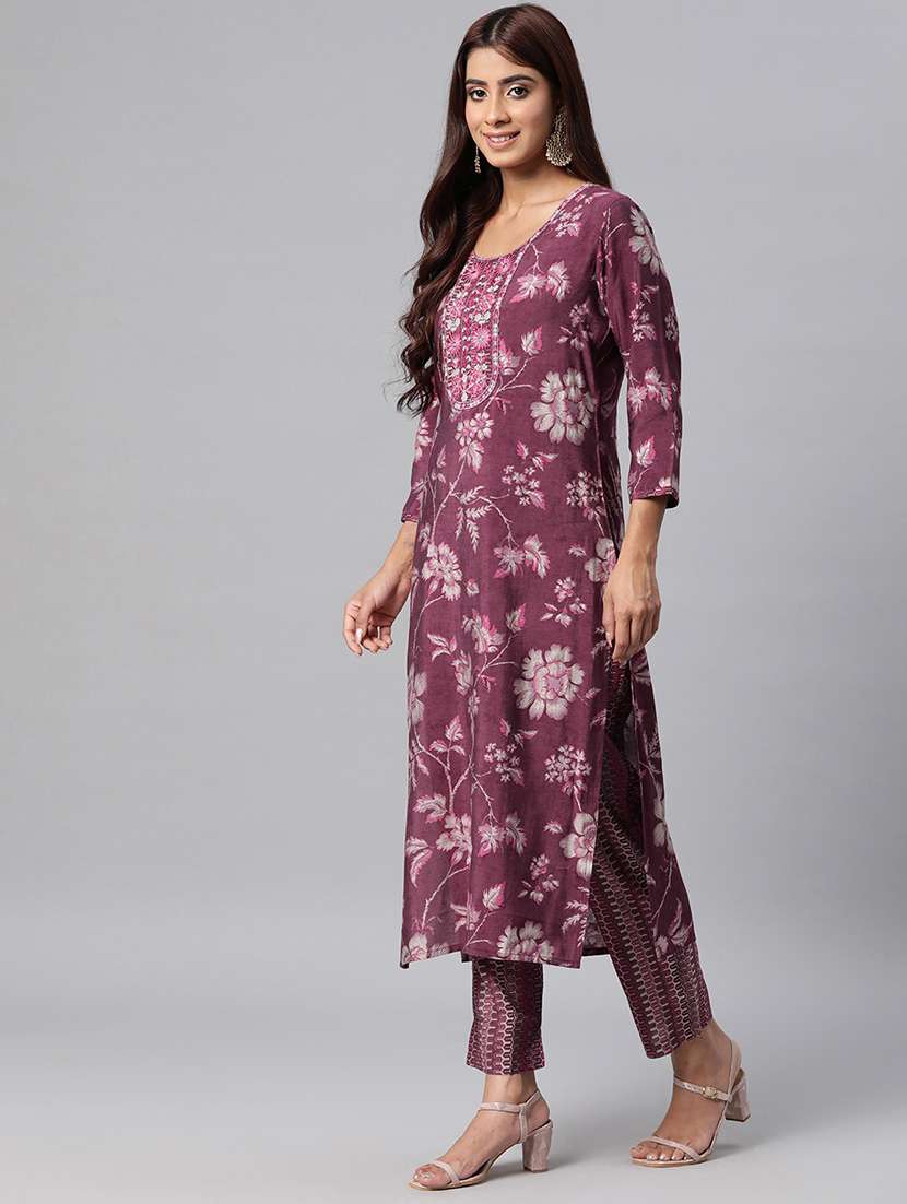 women mauve floral printed kurta pant set with dupatta - 20831213 -  Standard Image - 2