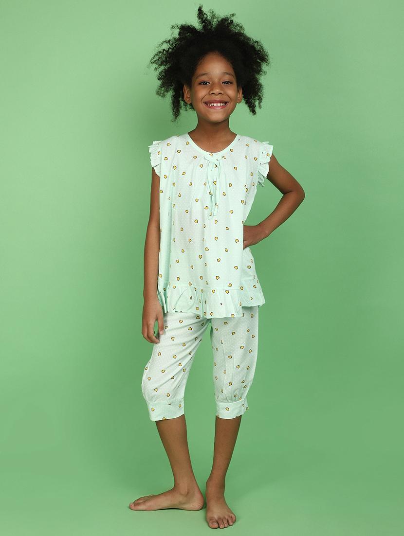 kids green printed top & capri set