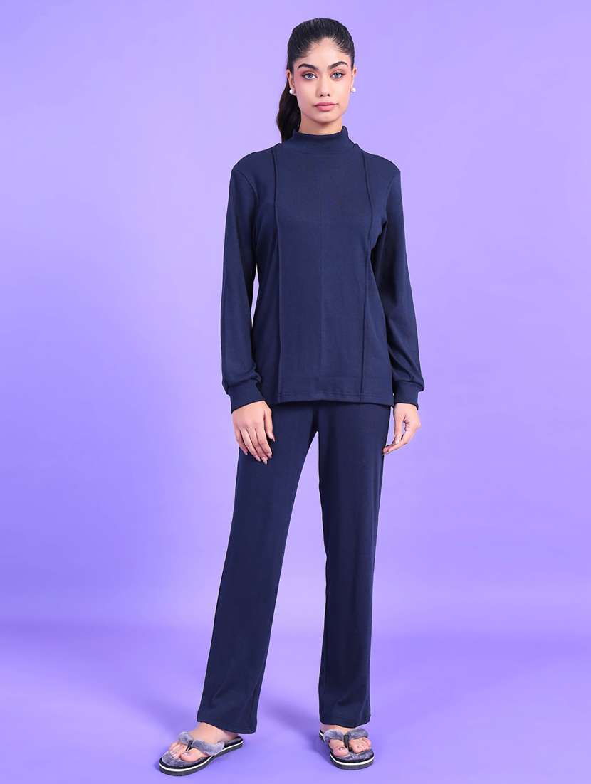 women navy blue solid top and trouser co-ord set