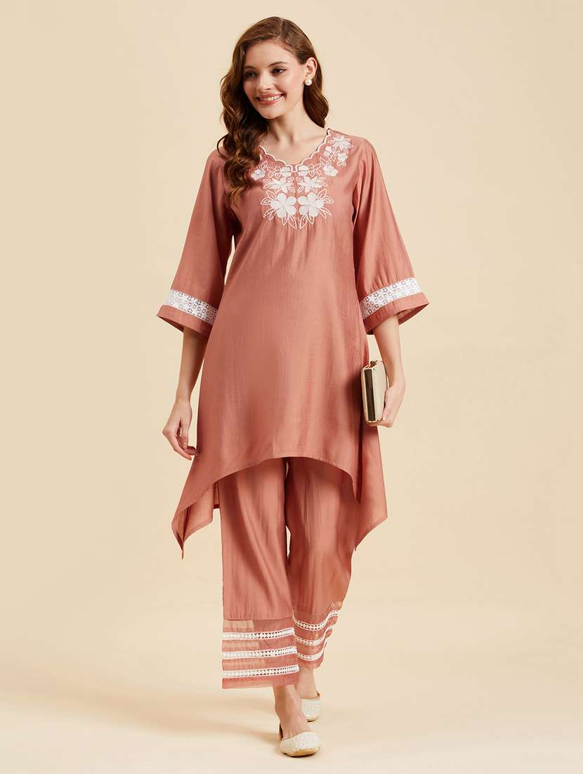 women peach embroidered co-ord sets