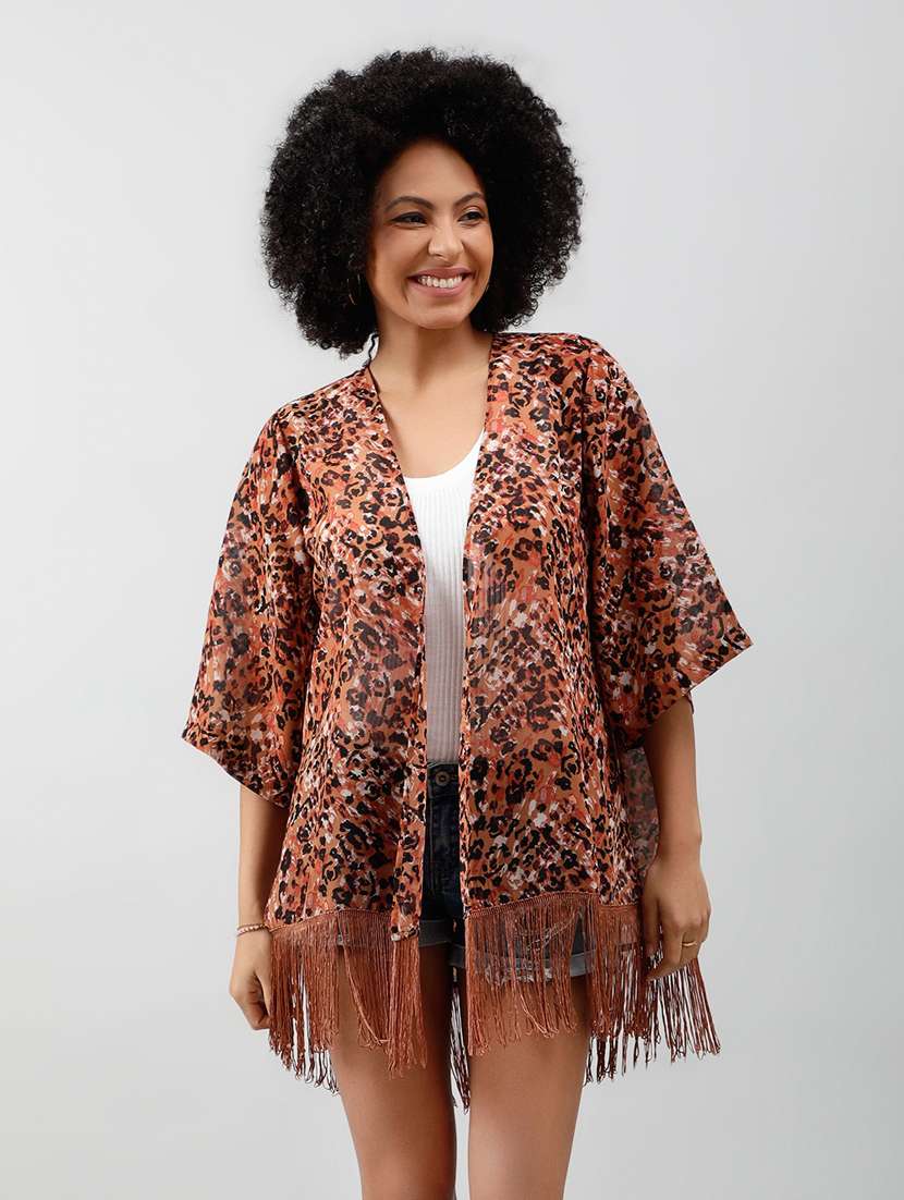 women brown animal printed regular shrug