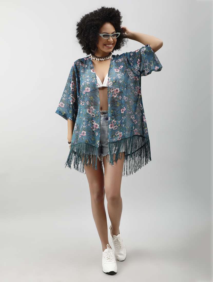 women teal floral printed regular shrug