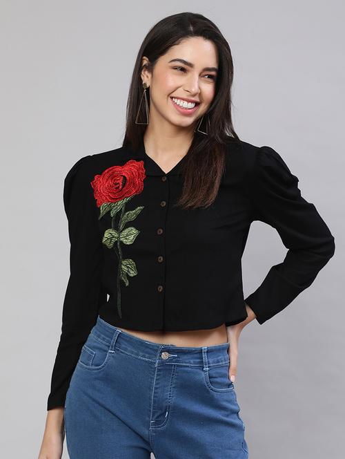 women applique work puff sleeves shirt - 20838173 - Standard Image - 0