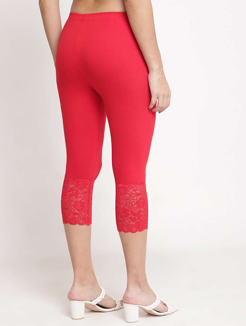 solid red cotton lycra detailed capri - 20838226 -  Standard Image - 2