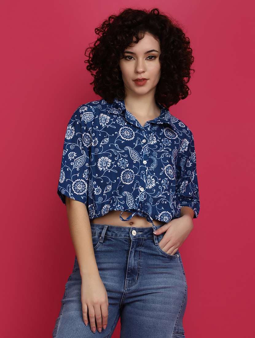 women blue cotton regular top