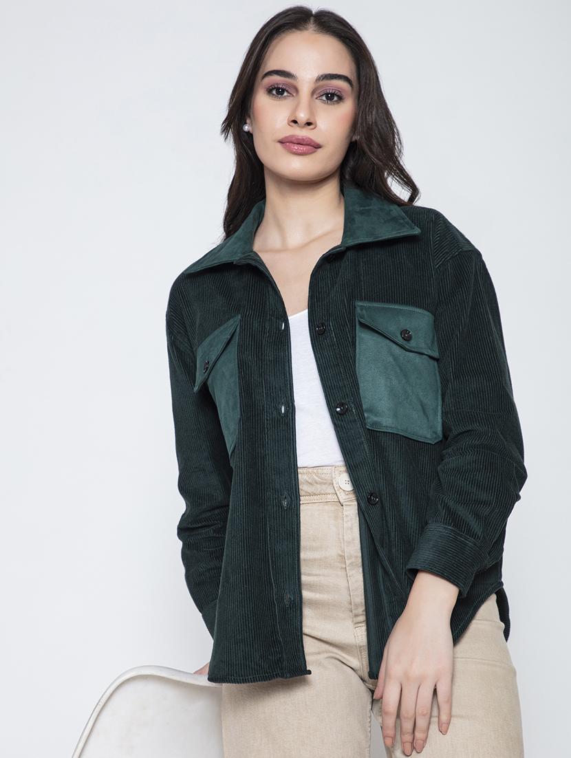 women bottle green cotton corduroy shacket - 20840451 - Standard Image - 2