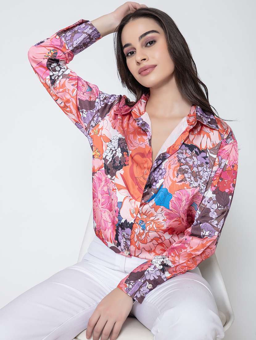 multicolored floral satin oversized shirt