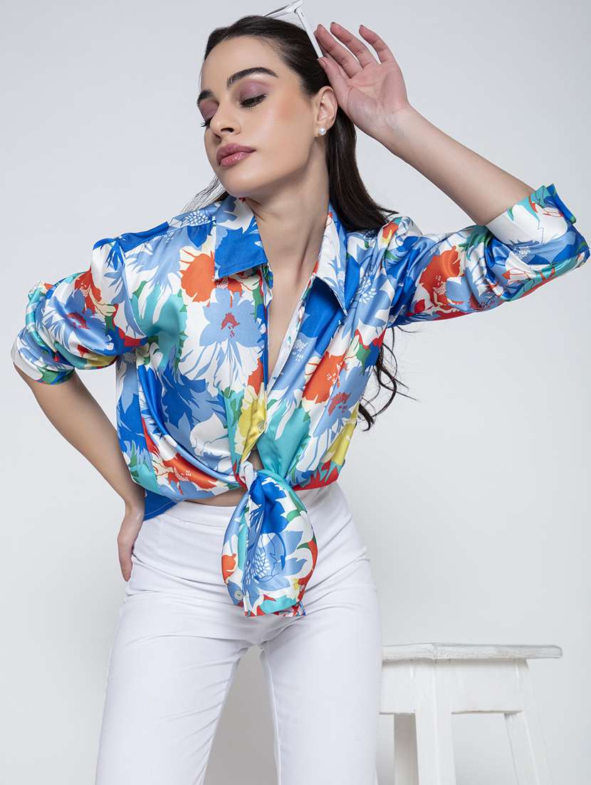 multicolored floral satin oversized shirt