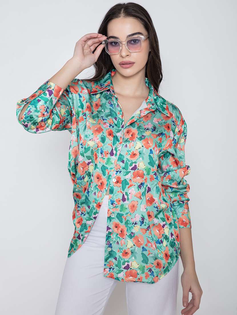 green floral satin oversized shirt