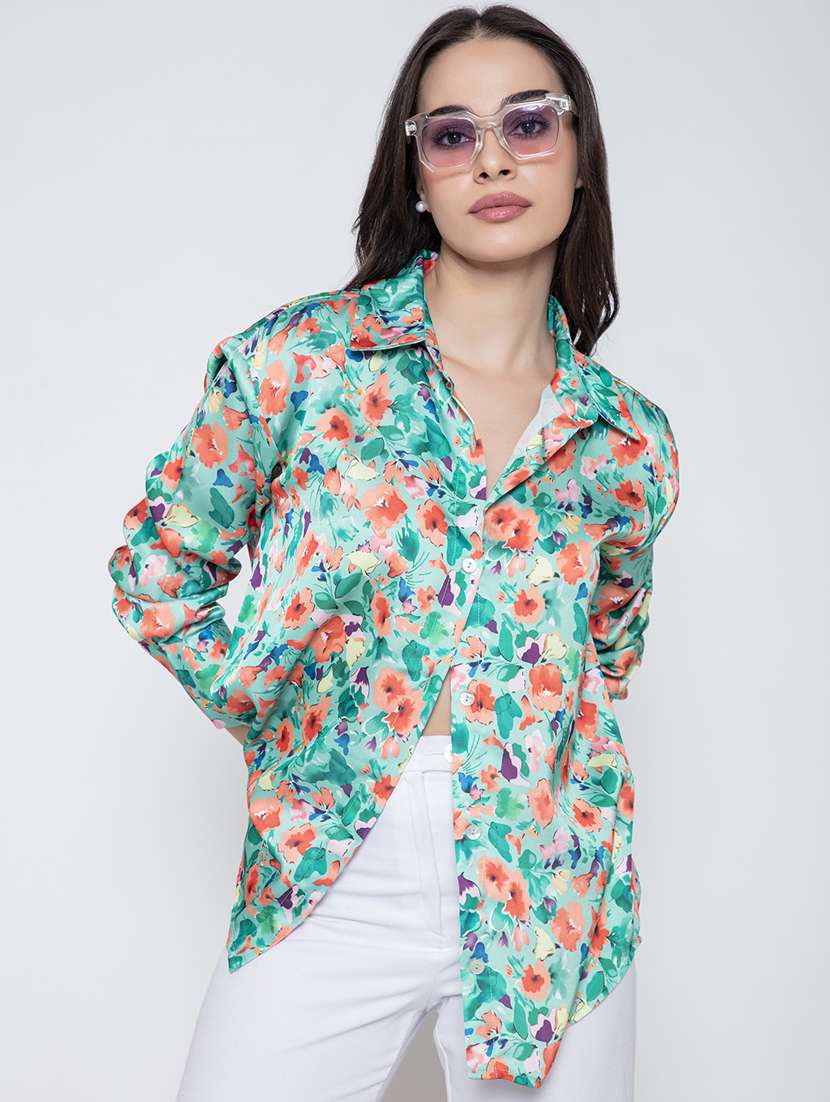 green floral satin oversized shirt - 20840457 - Standard Image - 2