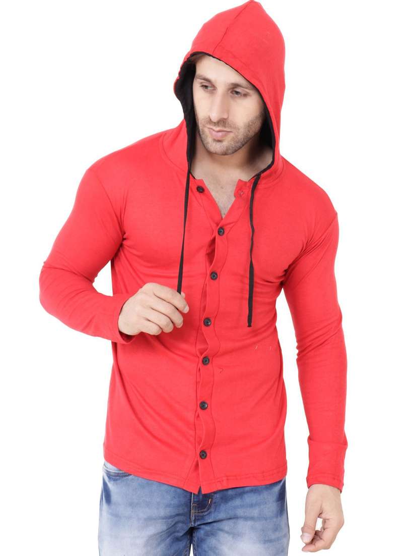 men hood neck solid casual shirt