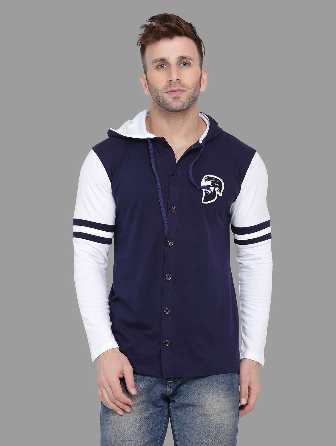 men hood neck color block casual shirt