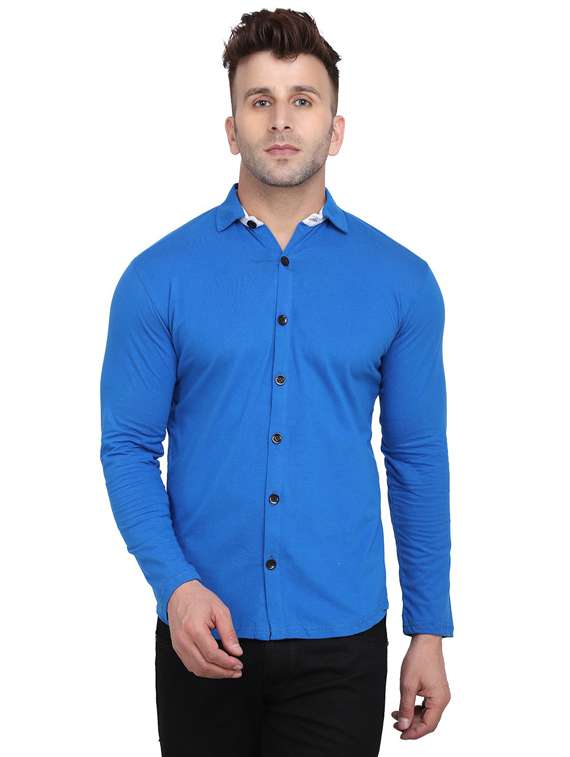 blue cotton blend casual shirt
