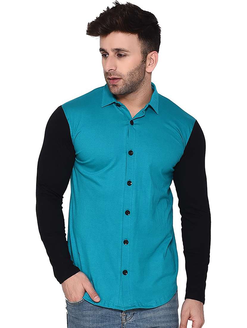 solid green & black detailed casual shirt
