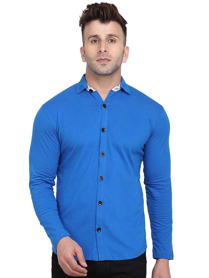 blue cotton blend casual shirt