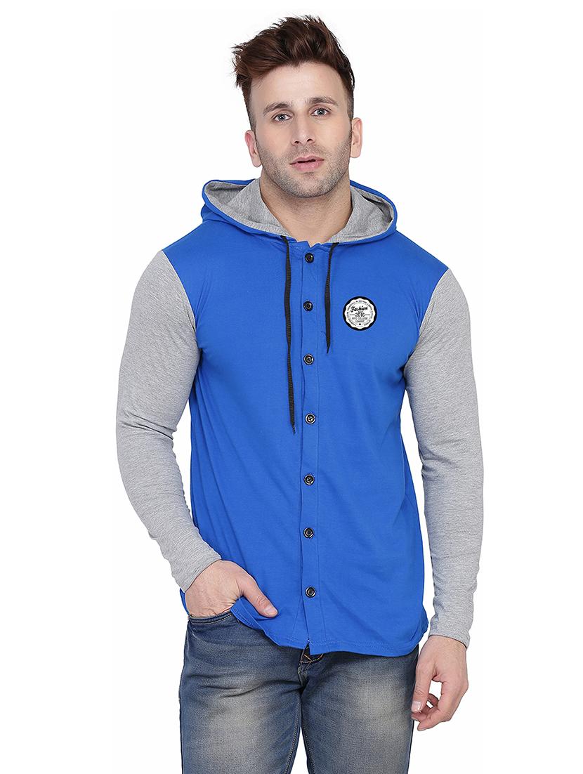 blue & grey colourblocked detailed hooded shirt - 20841098 - Zoom Image - 0